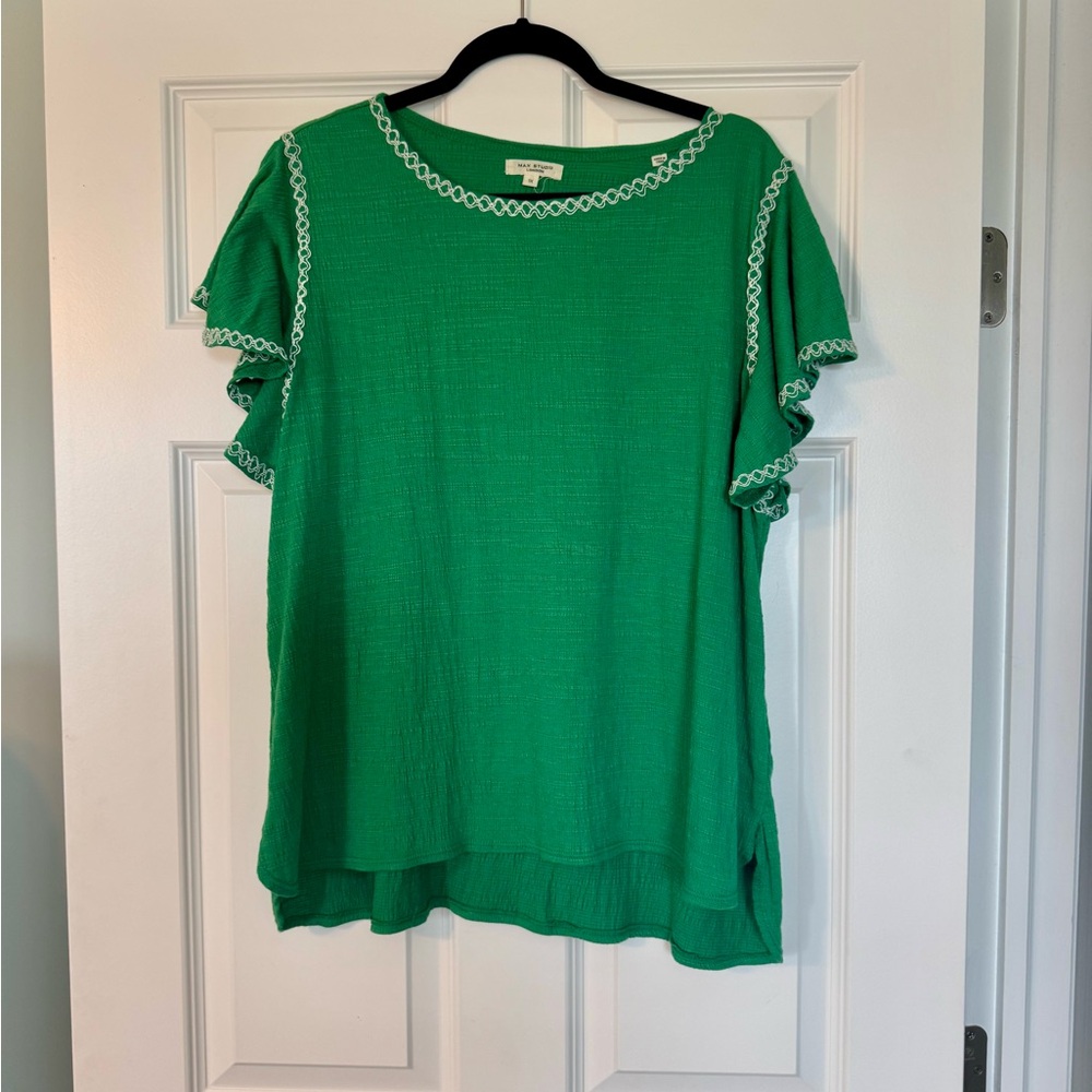 Max Studio London Green TShirt with Ruffle and Accent detail 1X